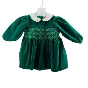 Vintage Gum Balls Green Velvet Smocked Dress Embroidered Peter Pan Collar Size 1
